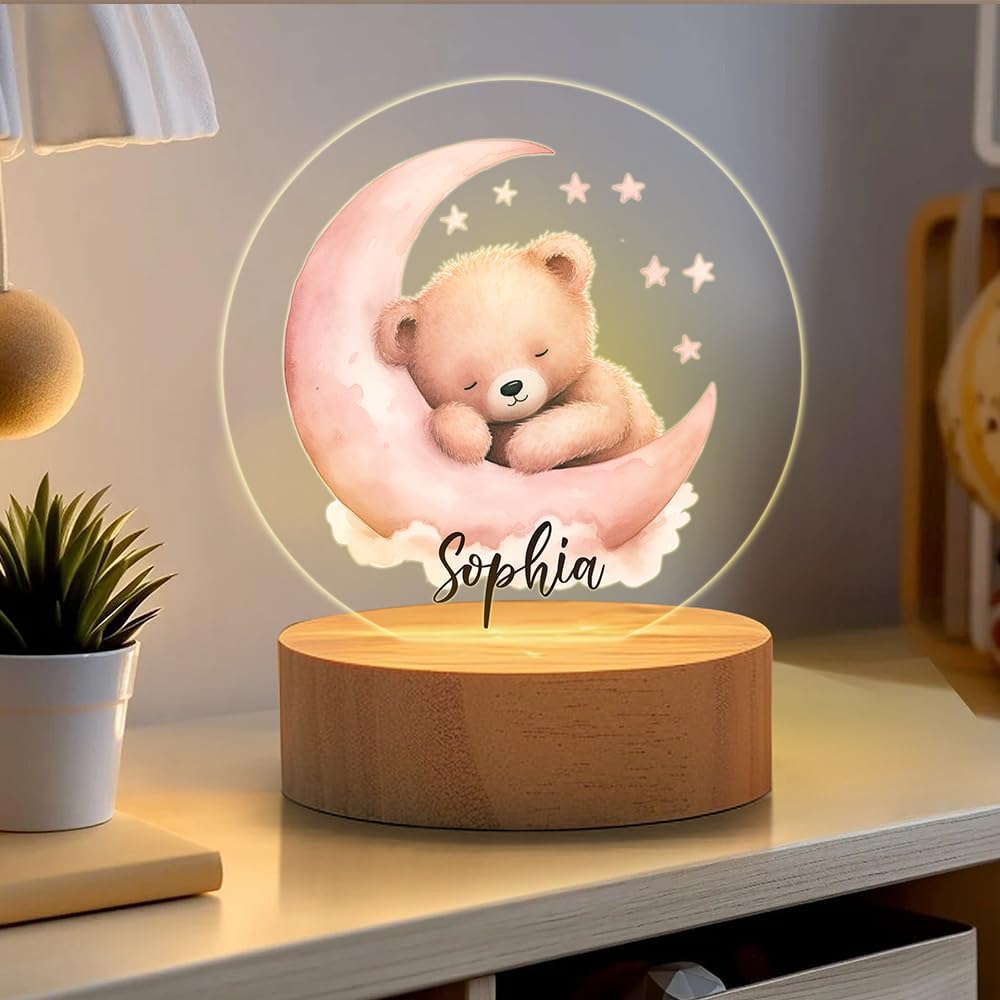 CALLIE Night Light Personalized Moon Star Cute Bear Acrylic Nameplate, Christmas Home Decor Gifts for Family