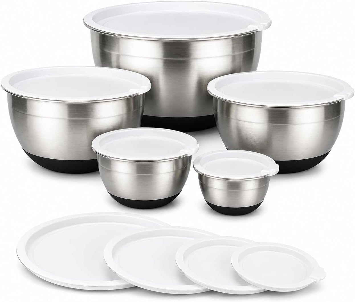 Avador Premium Stainless Steel Mixing Bowls with Lids Non-Slip, Set of 5 Mixing Bowl Set with Silicone Base, Space Saving, Great for Cooking, Baking, Prepping (0.25qt, 1qt, 1.5qt, 3qt, 5qt)