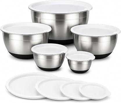 Avador Premium Stainless Steel Mixing Bowls with Lids Non-Slip, Set of 5 Mixing Bowl Set with Silicone Base, Space Saving, Great for Cooking, Baking, Prepping 0.25qt, 1qt, 1.5qt, 3qt, 5qt