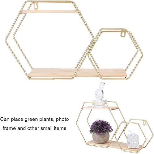 Miniatura 5 de Estantes flotantes montados en la pared, estantes geométricos de pared hexagonales dobles de madera y metal, decoración rústica de granja para baño,
