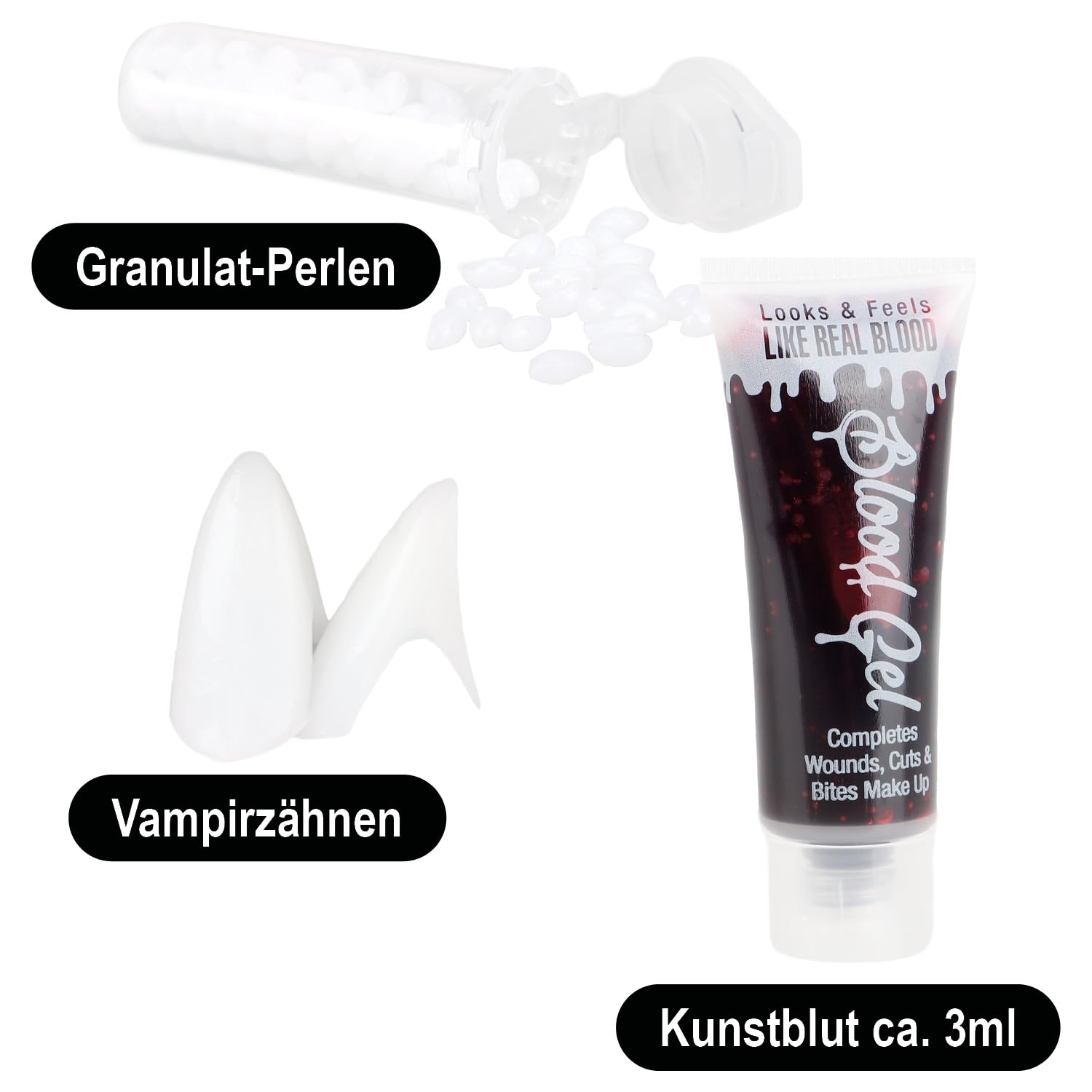 COM-FOUR® 5-czesciowy zestaw do makijazu na Halloween - akcesoria do kostiumu wampira z zebami wampira, sztuczna krwia, gabka, koralikami samoprzylepnymi i paleta do makijazu