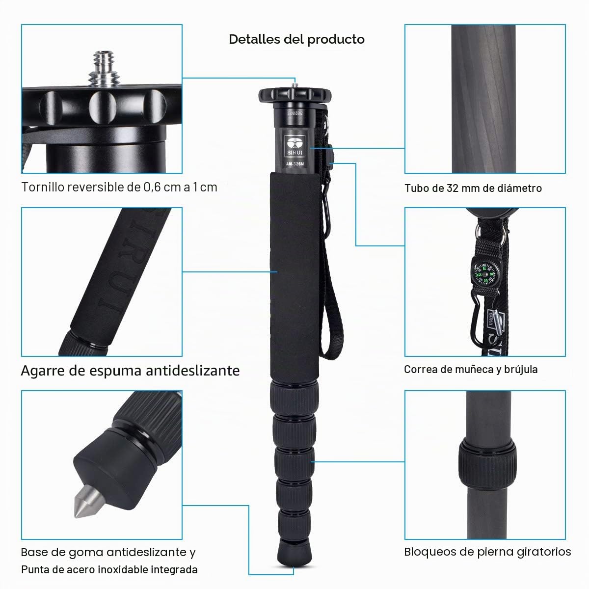 SIRUI AM-326M Monopié para Cámara, 156cm Monopié de Fotografía Profesional de 6 Secciones, Monopié de Carbono Portátil para Cámara, DSLR, Monopié de Viaje Ligero, Carga Máxima 10kg