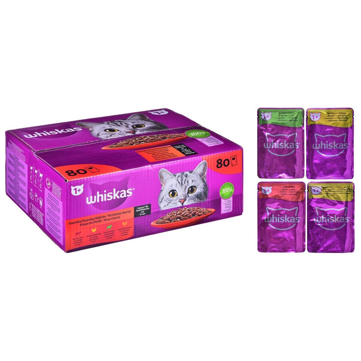 Whiskas Adult 1+ Classic Selection Wet Cat Food in Sauce, 80 x 85g Mega Pack - Wet Cat Food Adults, Brown