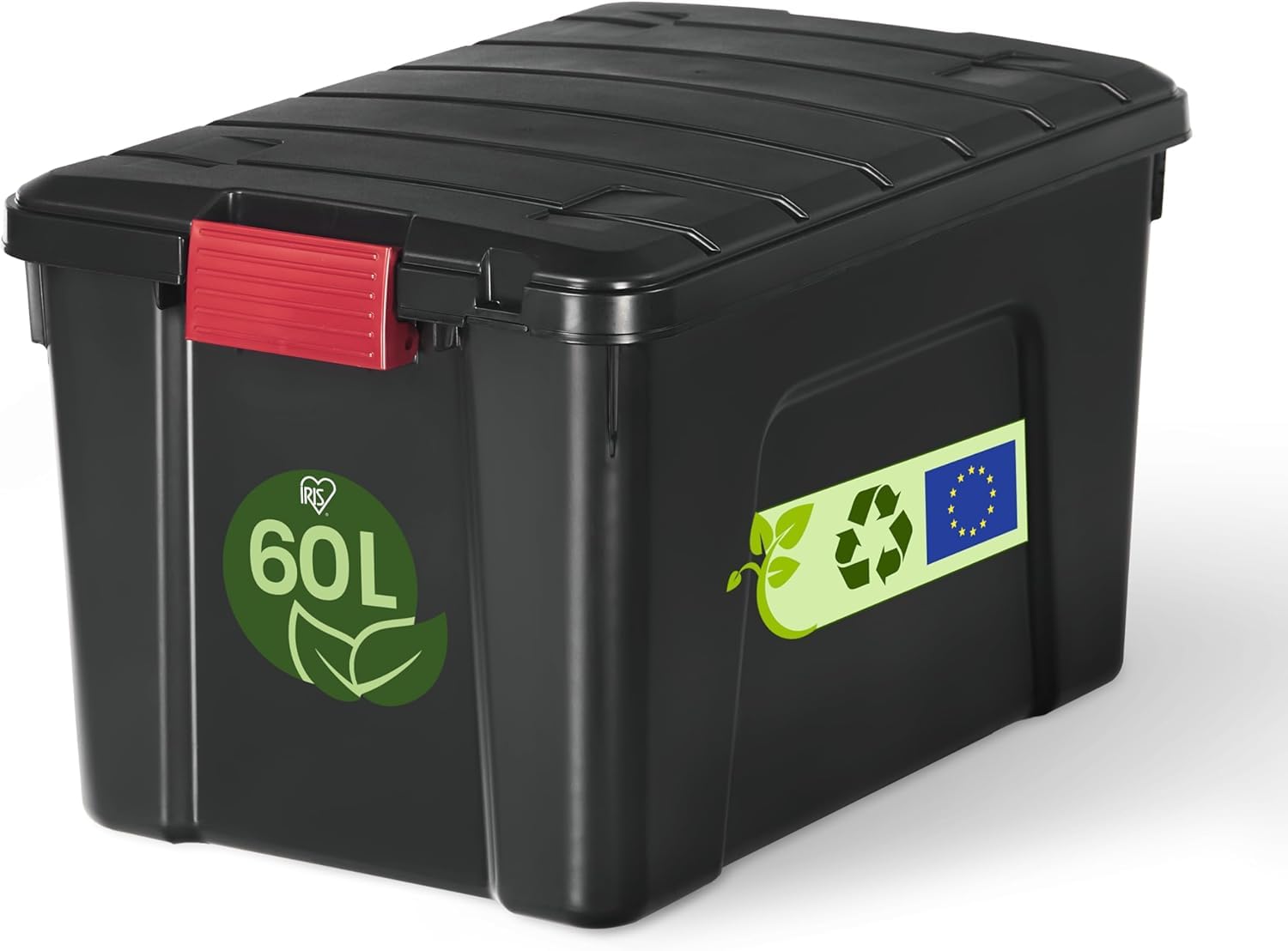 Iris Ohyama, Malle, Boîte de rangement plastique, avec Couvercle et Clips de fermeture, 60L, A l'unité, Empilable, Roues, Sans BPA, Grenier, Cabanon, Garage, SIA-​60, Noir