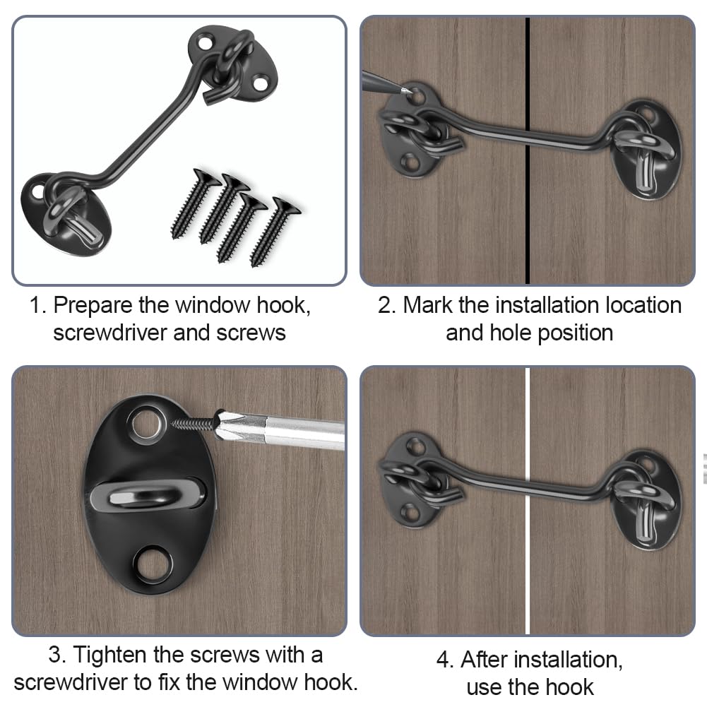 Flintronic Gancio Finestra, 2 Pezzi Gancio per Cabina, 3 Inch Gancio Chiusura Porta Gancio Finestra Chiavistello per Porta, per Finestra per Porta Scorrevole, Camera da Letto, Bagno- Nero