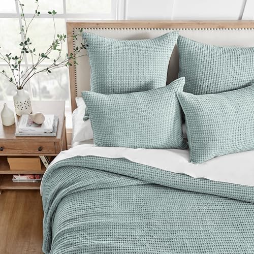 Image of Levtex Home Mills Waffle Full Bedspread Set (100x104in) with 2 Pillow Shams (26x20in) - Spa - Cotton Waffle Full Size Bedspread Set - Lightweight, Soft, Pre-Washed