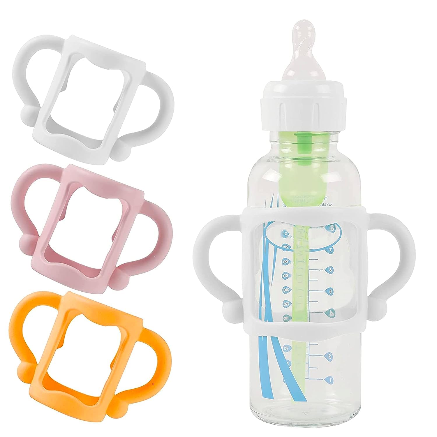 BBAUER(3-Pack) Bottle Handles for Dr Brown Narrow Baby Bottles with Easy Grip Handles to Hold Their Own Bottle - BPA-Free Soft Silicone - White Orange and Pink