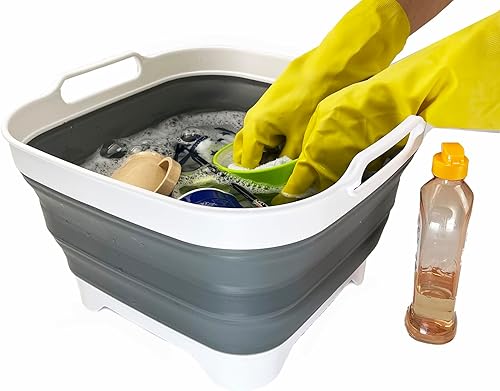 Miniatura 5 de SAMMART Sartén de plástico plegable de 10 L (2.6 galones) con tapón de drenaje, tina de lavado plegable, basiin portátil para lavar platos,