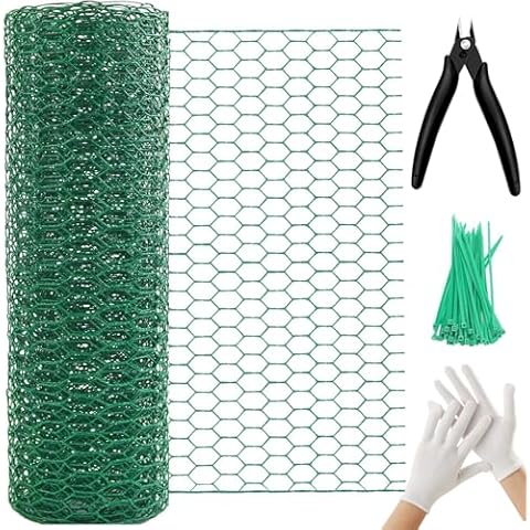 Chicken Wire 15.7in x 236in with a Pair of Gloves，1 Wire Cutter，50 Pcs Cable Zip Ties, Floral Chicken Wire Mesh 0.8in Hexagonal Galvanized PVC Coated Garden Netting Fence for Craft Poultry Garden Cover