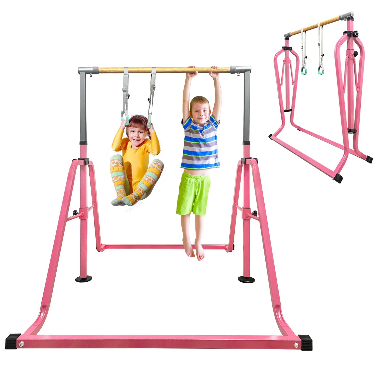 GLANT Gymnastics Bar for Kids with Rings Set, 7 Heights Adjustable Easy Folding Gymnastic Training Bar Kids Monkey Horizontal Bars - Max Load 300LBS