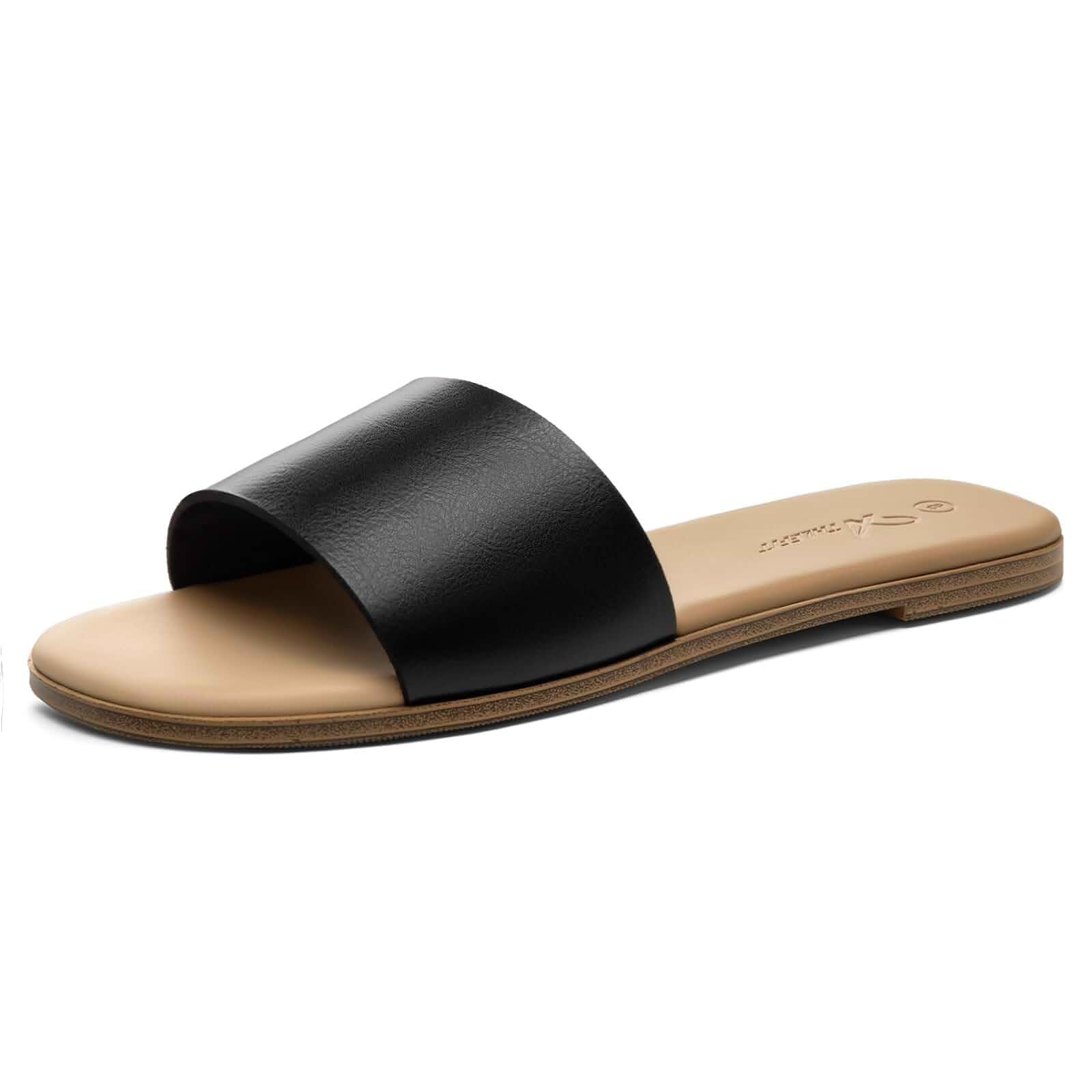 Athlefit Flat Sandals Women Dressy Square Toe Raffia Summer Slide Sandals Lightweight Raffia/Leather/ Braided Texture, Soft Latex Cushioned Footbed, TPR Outsole, Summer Trips, Casual Outings, 5.5-11