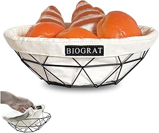 BIOGRAT® Metal Bread Basket with Linerfor Table Serving, Ø 26.5 cm Handmade Wire Fruit Bowl 1 Piece