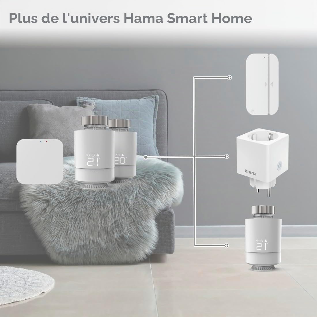 Hama Pack Thermostat Interlligent Hub + 2 Têtes Thermostatiques Connectées Intelligentes (Kit de Base Contrôle Régulateur de Chauffage WiFi, Economie d'Energie, Compatible Alexa Google Siri) Blanc