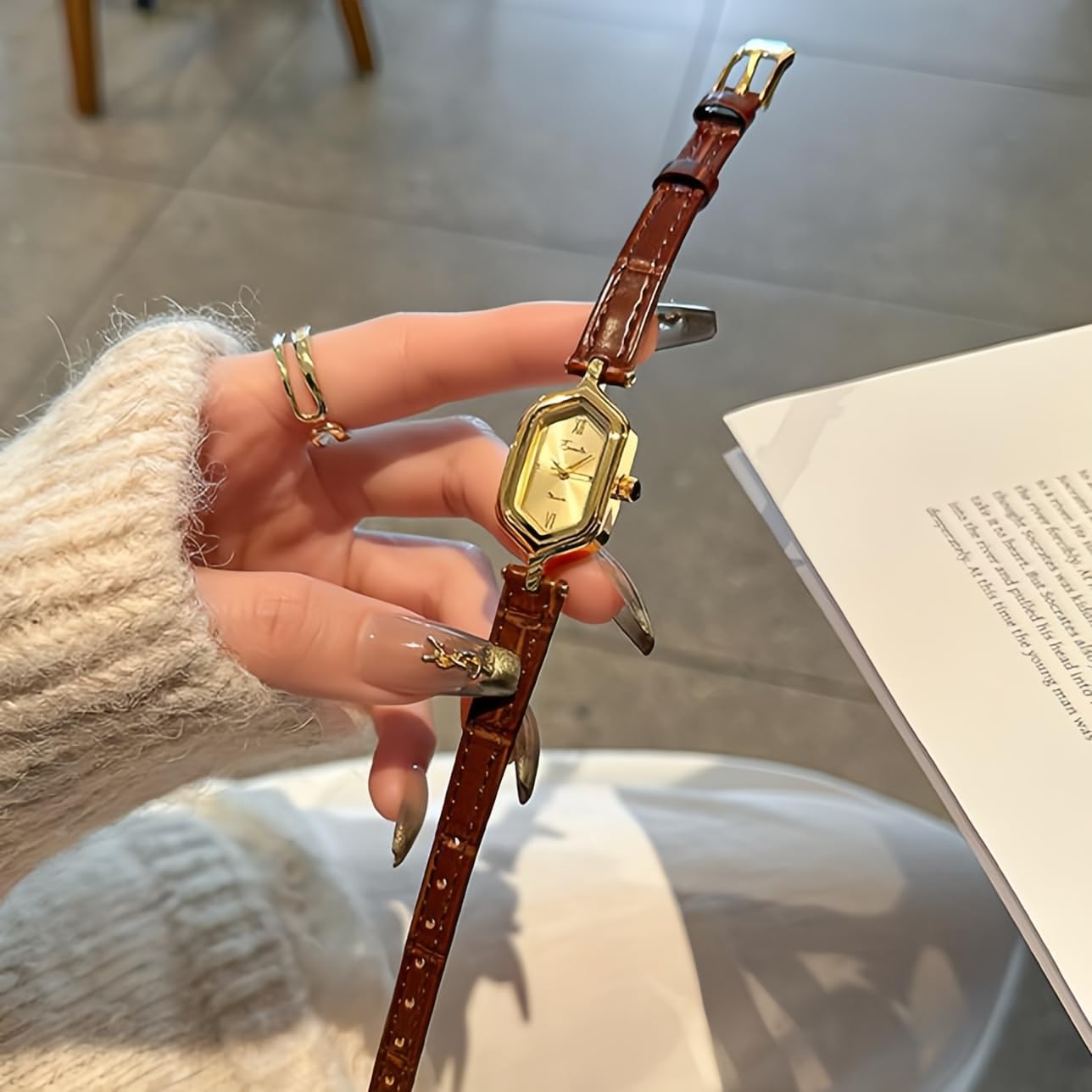 CARLIEN Gold Vintage Rhinestone Hexagon Analog Quartz Watches for Women Brown Black Leather Band Ladies Elegant Dainty Bracelet Wristwatch - Image 3