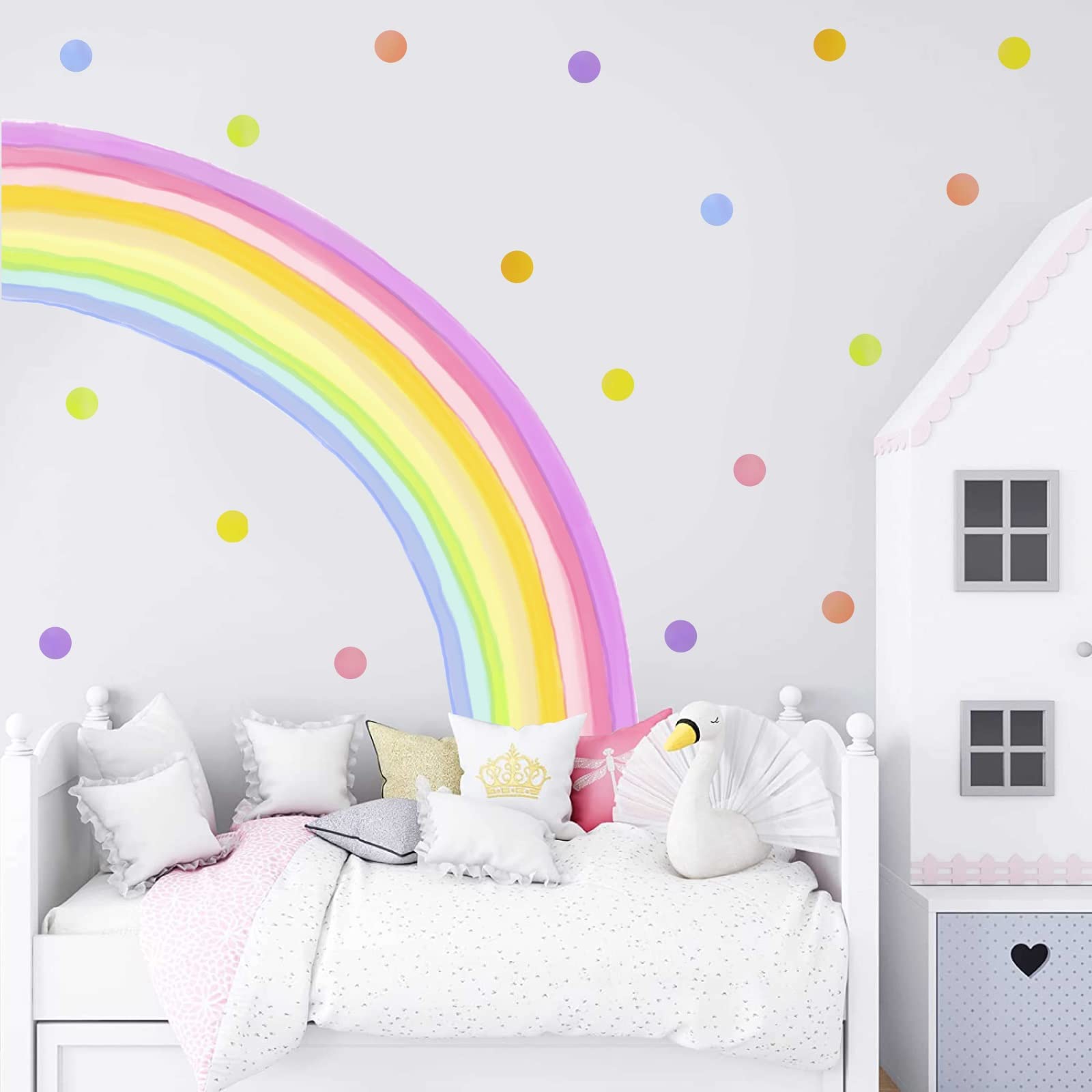 Calcomanía de pared grande de arco iris, diseño de lunares, color pastel, arcoíris, diseño de lunares, para pared, para cuarto de niños, habitación de las niñas