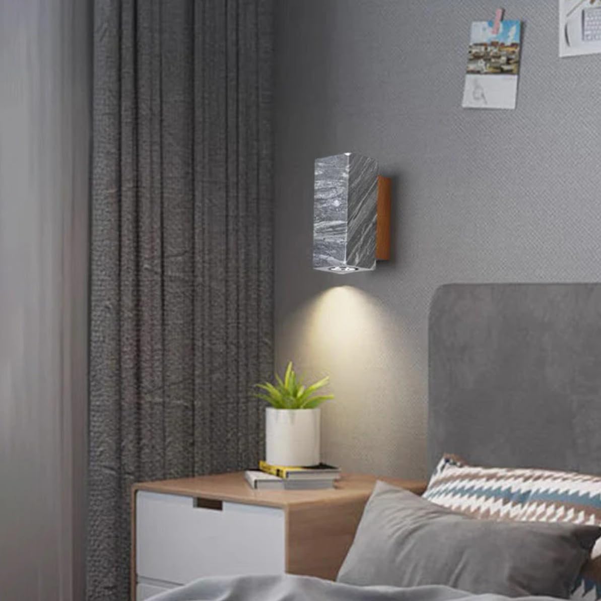 Modern Black Rectangle Wall Sconce Natural Stone Wall Lamp with E27 Spotlight Walnut Wood and Marble 1 Light Mid-Century Wall Mounted Spotlights for Bedroom Living Room Bathroom