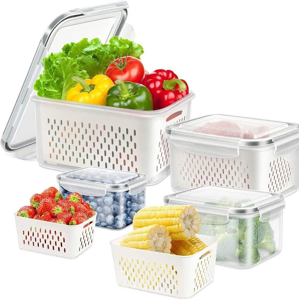 Contenedor apilable 4 en 1 para almacenamiento de alimentos con cesta de drenaje desmontable, caja de conservación de frutas y bayas, lavable para la organización de la cocina, el hogar y la
