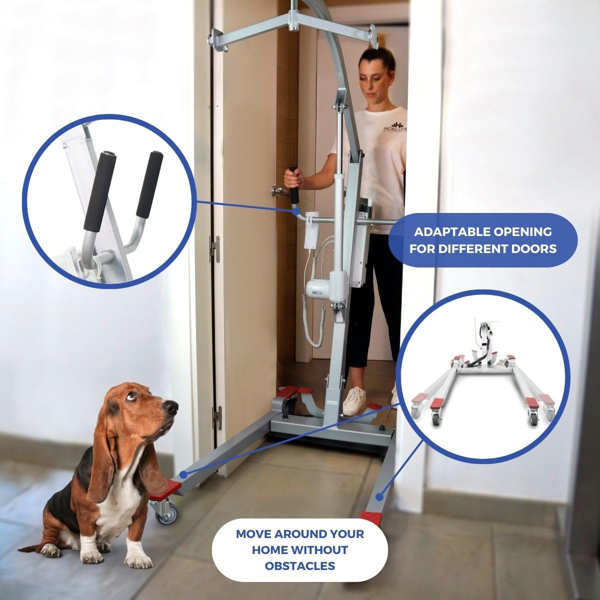 Mobiclinic®, Elektryczny Podnośnik Pacjenta dla Seniorów, do 180 kg, w Zestawie Uprząż do Przenoszenia, Regulowana Szerokość, Można Używać Podczas ładowania, Kółka z Hamulcami, Fortuna Basic