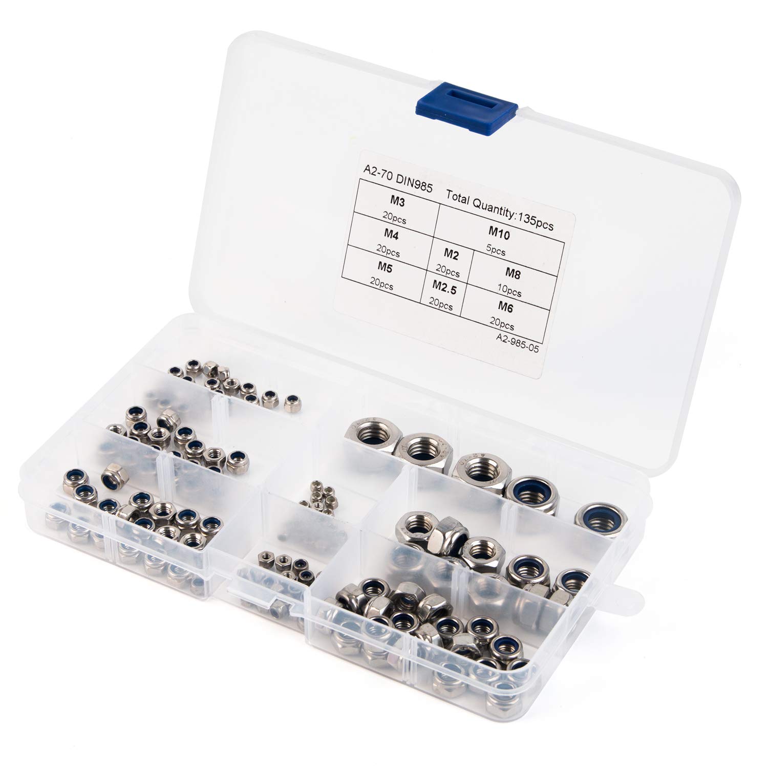 Dadi Esagonali 135 pezzi Set di Dadi Autobloccanti M2 M2.5 M3 M4 M5 M6 M8 M10 Acciaio Inossidabile 304 Nylon Kit Assortimento Dadi di Bloccaggio