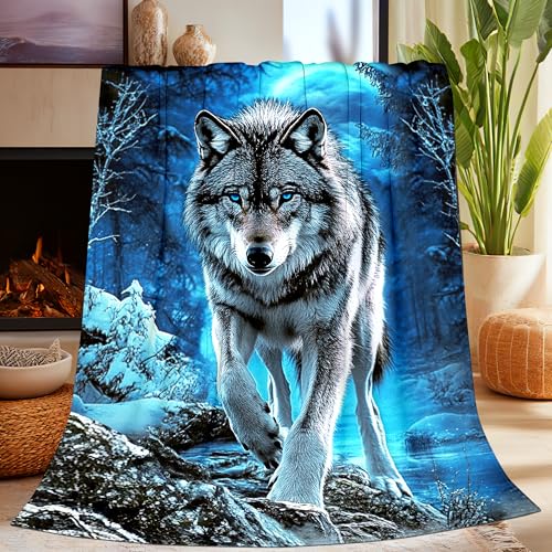 Wolf Blanket for Men Women Super Soft Cool Blue Forest Animal Majestic Wolf Stuff Blanket Gifts for Wildlife Lovers Adults Kids Girls Boys Warm Cozy Fuzzy Plush Fleece Flannel Throw Blankets 50x40