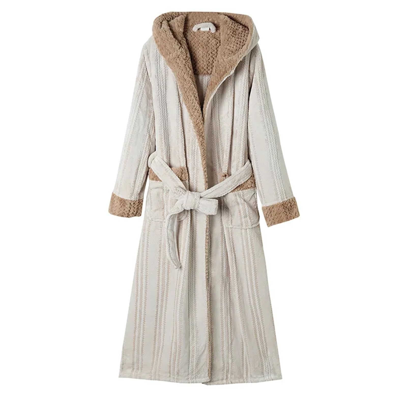 Mtksfdc Unisex Beige Mens Dressing Gowns Bathrobe Gown Warm Flannel Sleepwear Kimono Robe Long Nightgown With Pocket Shower Robe(,L)