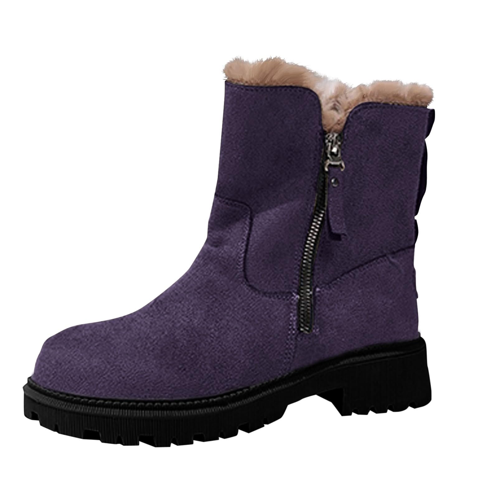 Snow Boots for Women with Side Zip Low Heel Fuzzy Warm Winter Booties Round Toe Non Slip Western