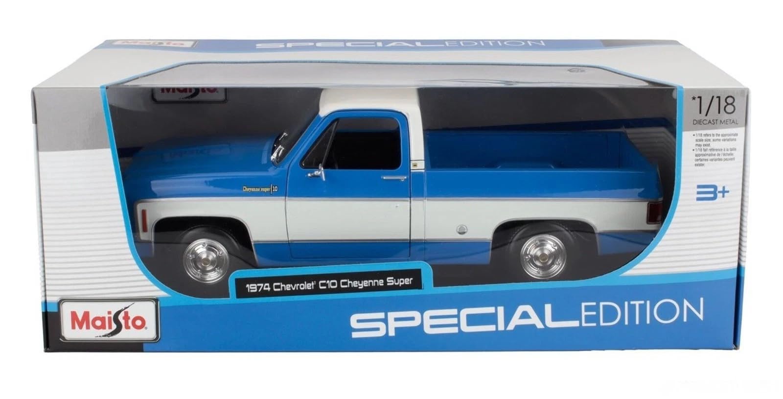 MAISTO 1974 Chevrolet C10 Cheyenne Super Special Edition, blau-weiß - Modellauto 1:18, Originalgetreues Sammlerauto Spielzeugauto mit beweglichen Türen, Kofferraum & Haube, ab 3 Jahren (531467BL)