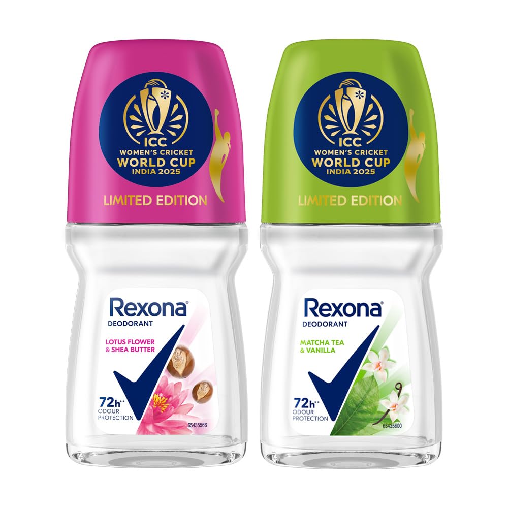 Rexona Lotus Flower & Shea Butter and Matcha Tea & Vanilla Antiperspirant Roll-On | for Women | Limited Edition Pack - ICC Women’s Cricket World Cup India 2025 |50 ML (Pack of 2)