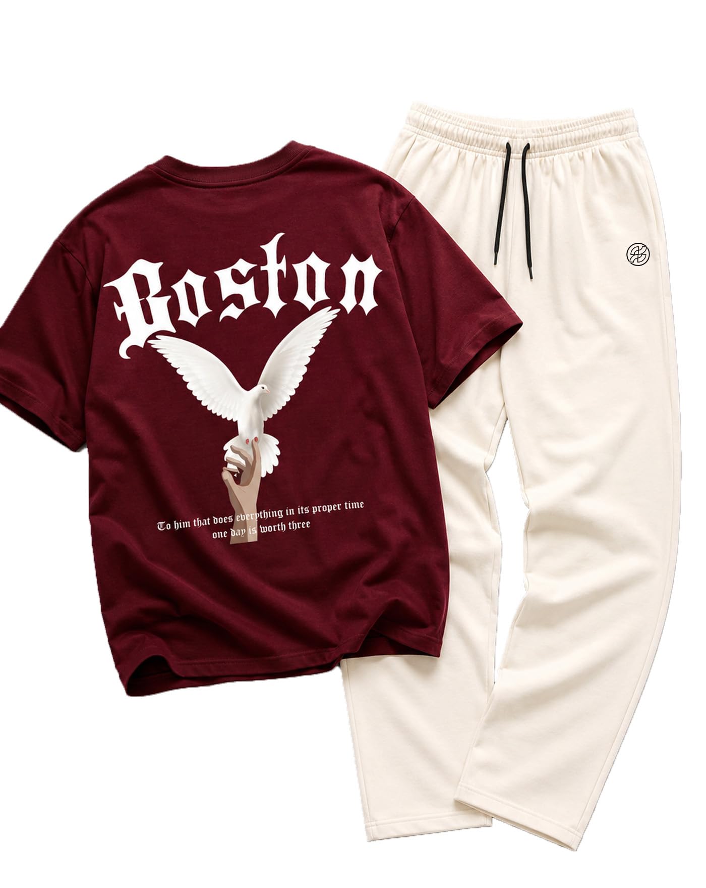 AUSK Men's Oversized Graphic Printed Co Ord Set White White & Maroon - Image 1