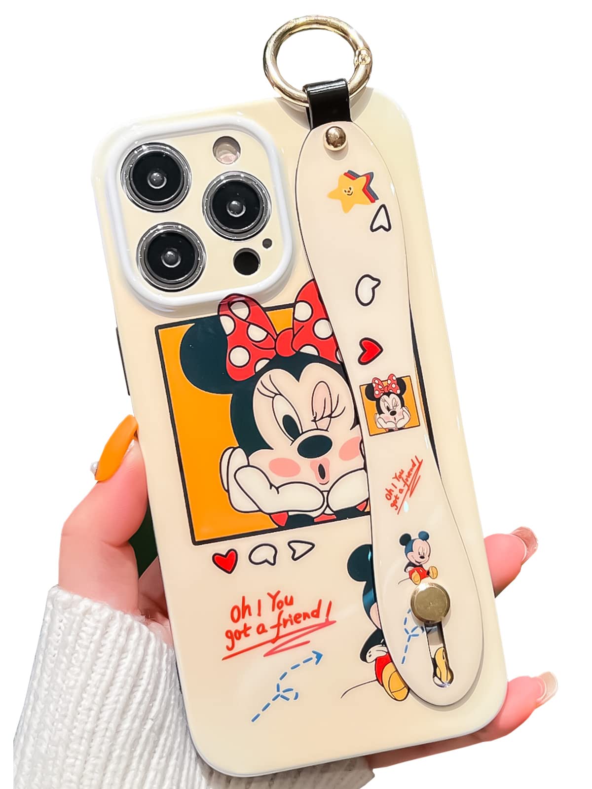 TRODINO Cute Cartoon Minnie iPhone 14 Pro Max Case with Wrist Strap Hand Holder, Glossy Cover for Girls Women with Stand Kickstand Soft TPU Protective Case 6.7” (Beige)