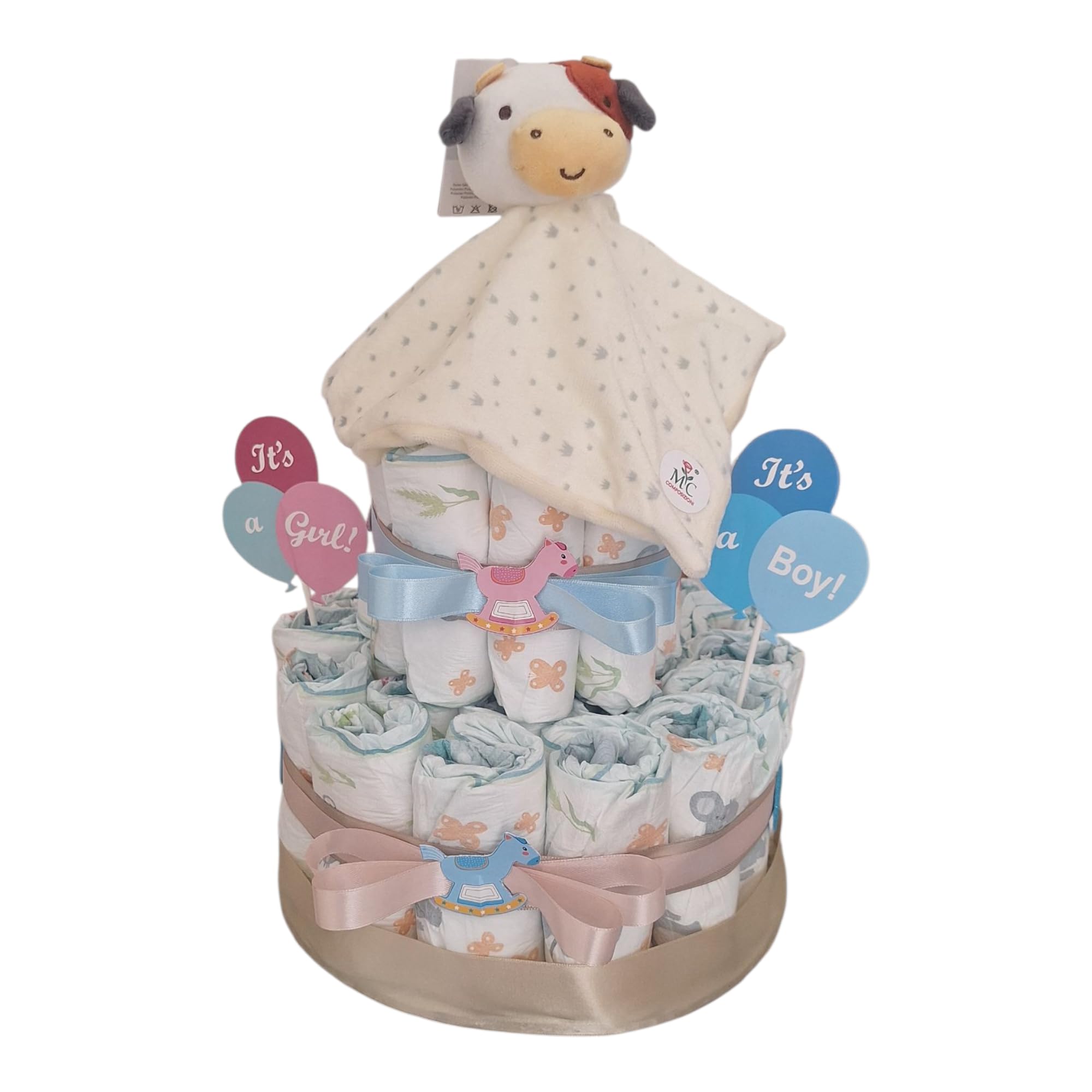 MC® Torta di Pannolini MC Composizioni Design Unisex a tema 'Boy/Girl', Regalo per Baby Shower Nascita