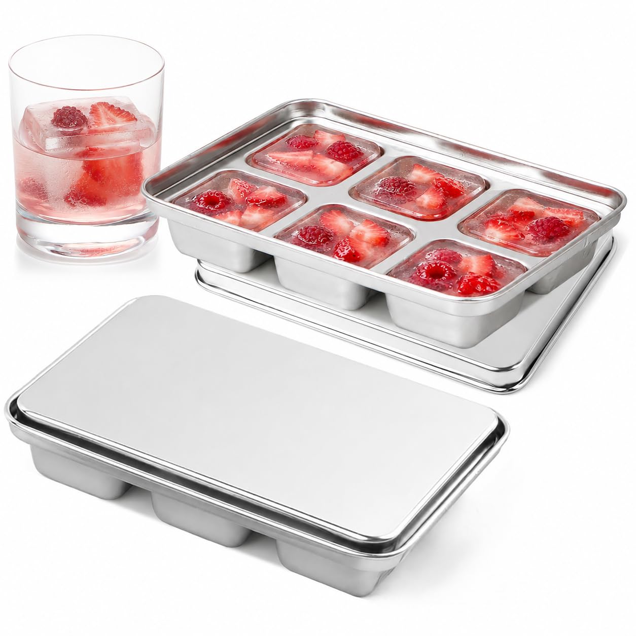 Ice Cube Tray with Lid, 2 Pack 12 Large Cubes, Stainless Steel Ice Cube Trays for Freezer, Fast Freezing Metal Ice Cube Mold for Cocktails, Whiskey, Drinks, and Ice Coffee, Easy Release