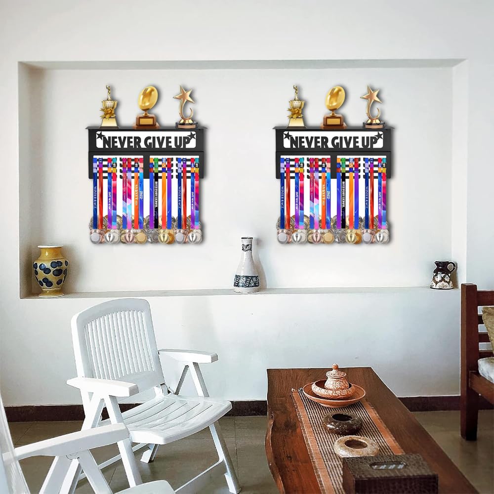 Porte Médaille Running, Présentoir de Médailles Never Give Up Support Mural pour Médailles, Porte-Médailles en Métal pour le Rangement des Médailles de Prix Olympiques pour Enfants et Adultes