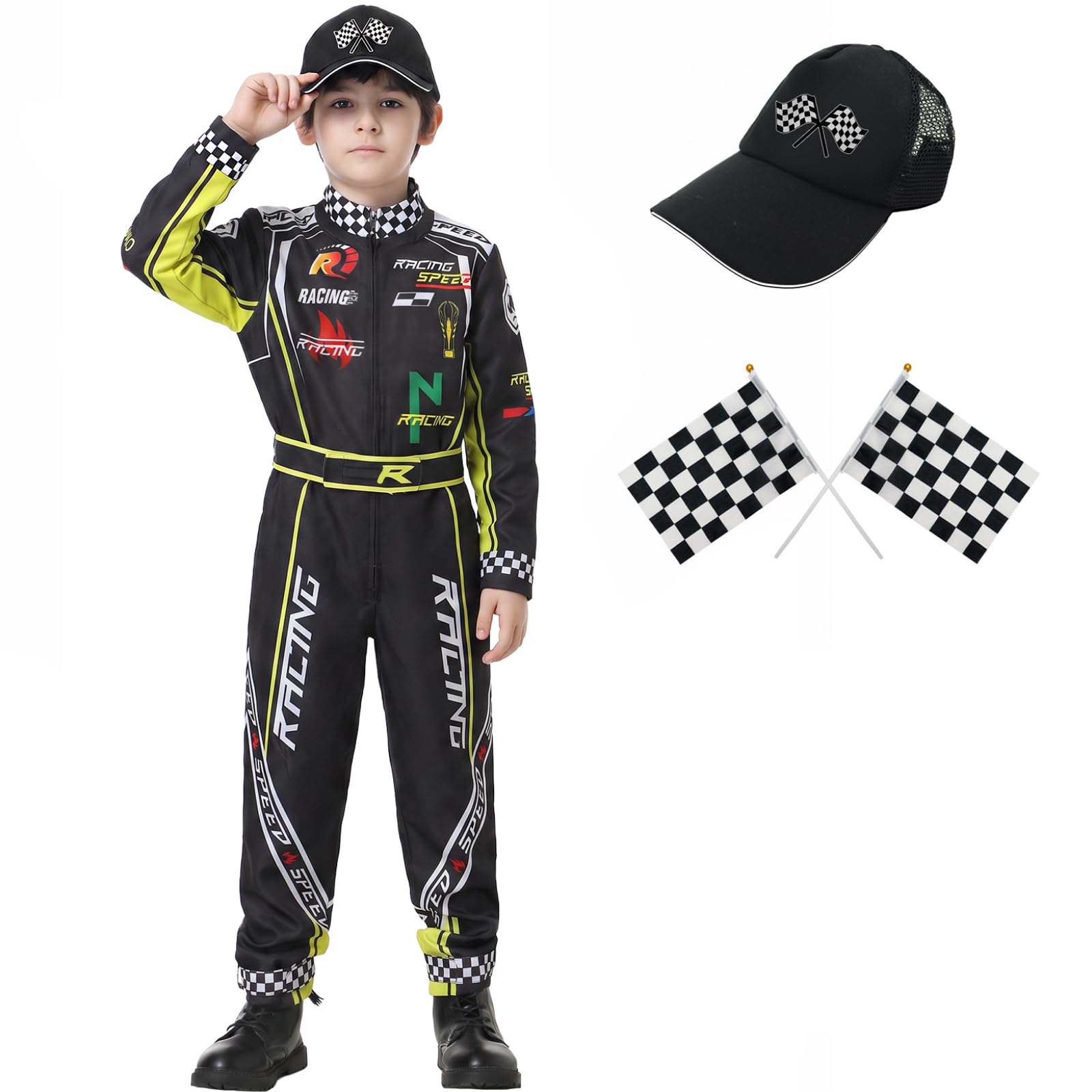 Rennwagenfahrer Kostüm Jungen Racer Overall mit Auto Kappe Kinder verkleiden sich für Halloween (Schwarz, 130)