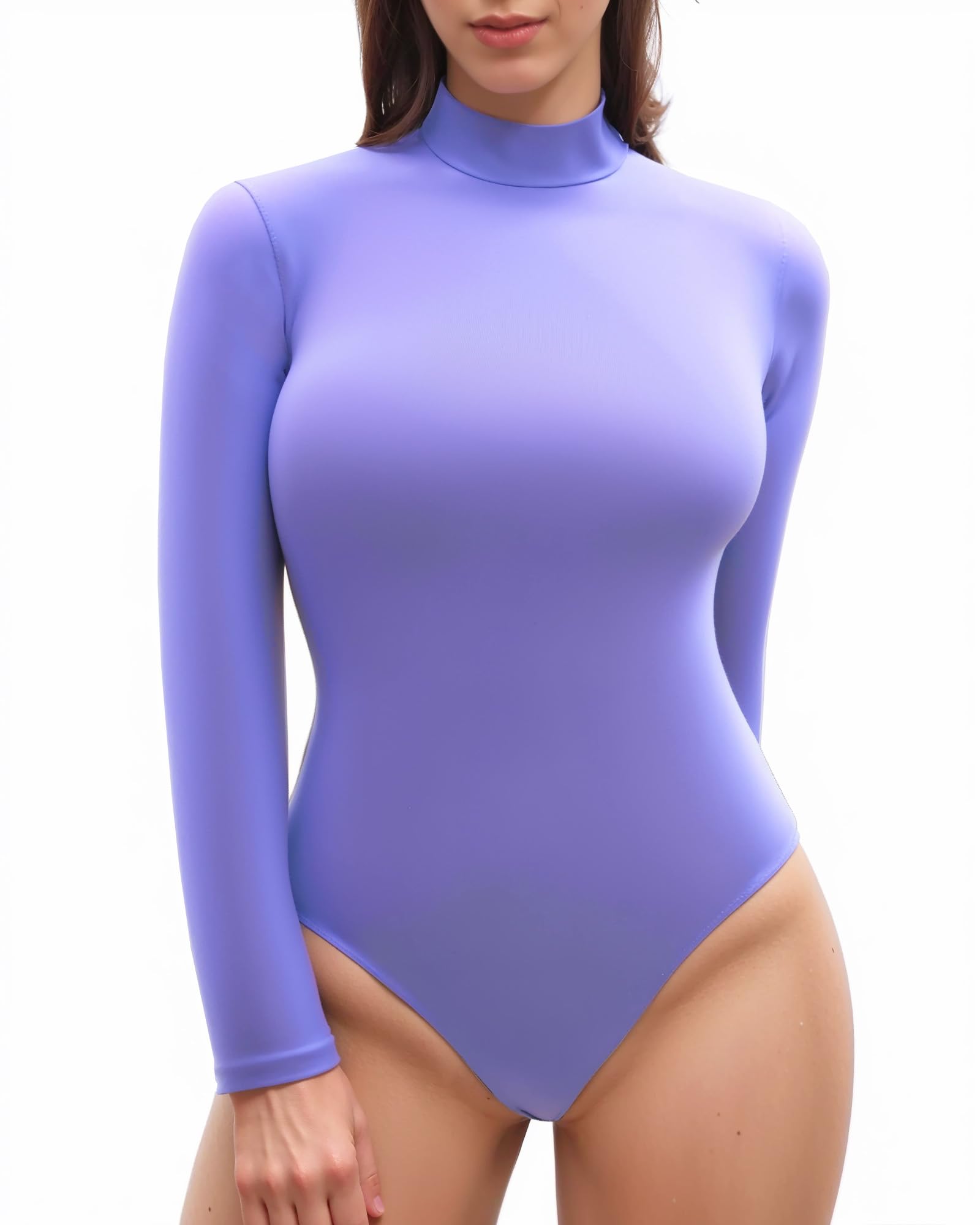 Photo 1 of large Mock Turtleneck Bodysuit for Women - Stylish Long Sleeve Women's Top, Comfortable Body Suit Fashion Clothing Lilac