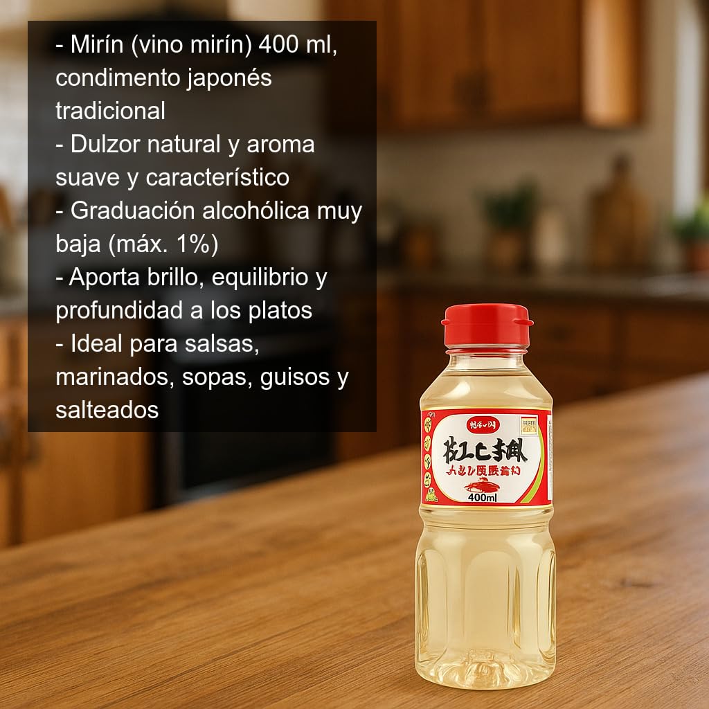 Mirín japonés 400 ml condimento de arroz para salsas teriyaki, marinados y glaseados brillo y dulzor natural
