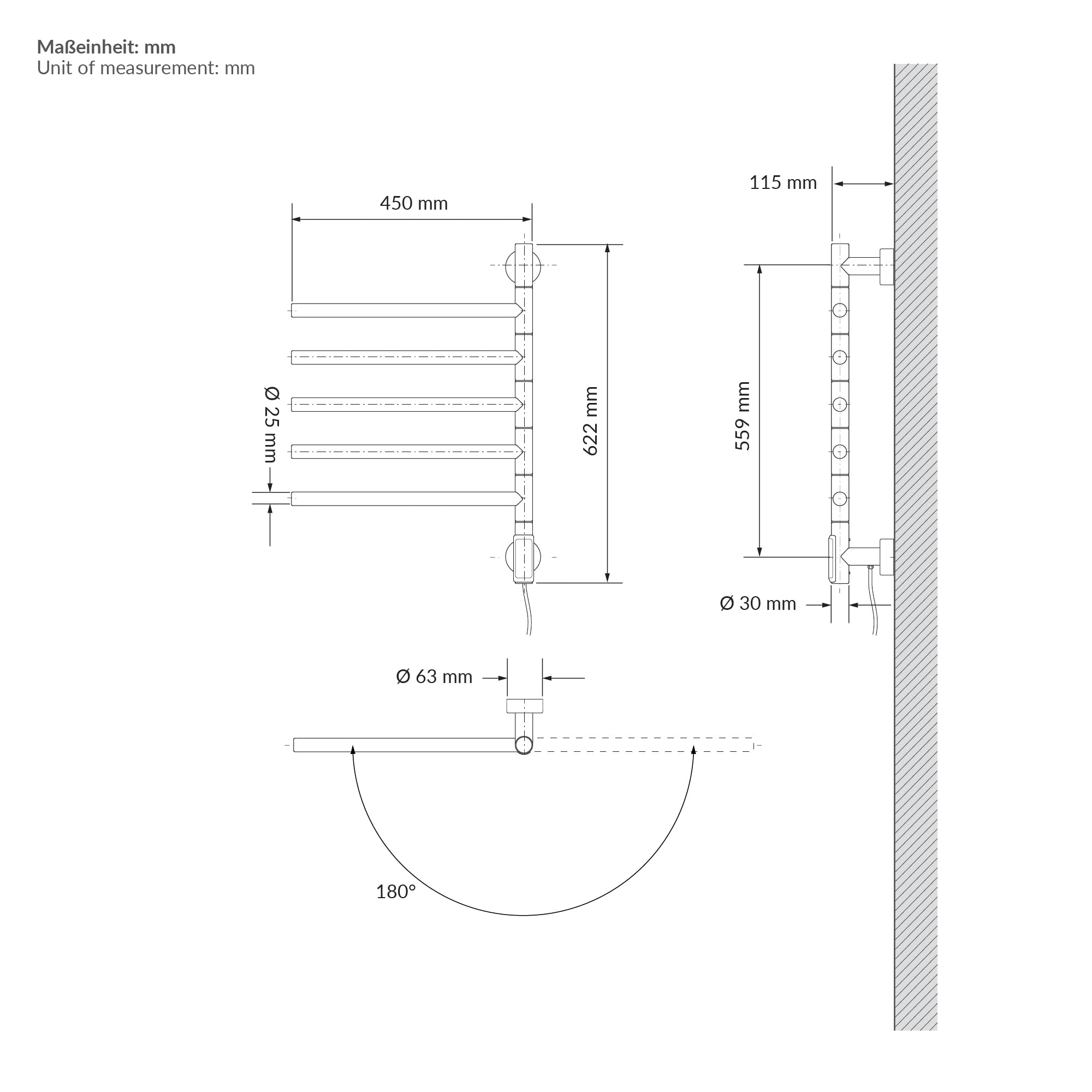 LuxeBath Scaldasalviette Elettrico con 5 Bracci Girevoli a 180°, Nero Opaco in Acciaio, 75W, Timer 0,5-9h e Display Touch Digitale, Radiatore da Bagno IPX4, 450x622 mm, Portasciugamani a Parete