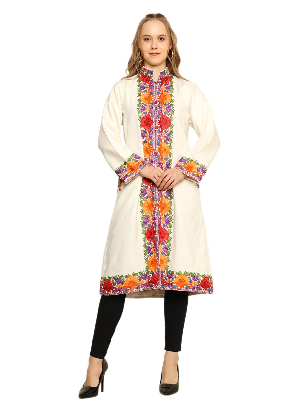 craftbazar Women's Kashmiri Embroidered Woolen White Border Long Coat-picture-15