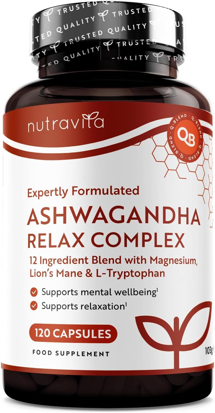 Ashwagandha KSM-66 7200mg Before Extraction, Relax Complex with Magnesium, Lion’s Mane L-Tryptopha, Supports Relaxation, Mental Wellbeing & Reduction in Fatigue – 120 Capsules by Nutravita