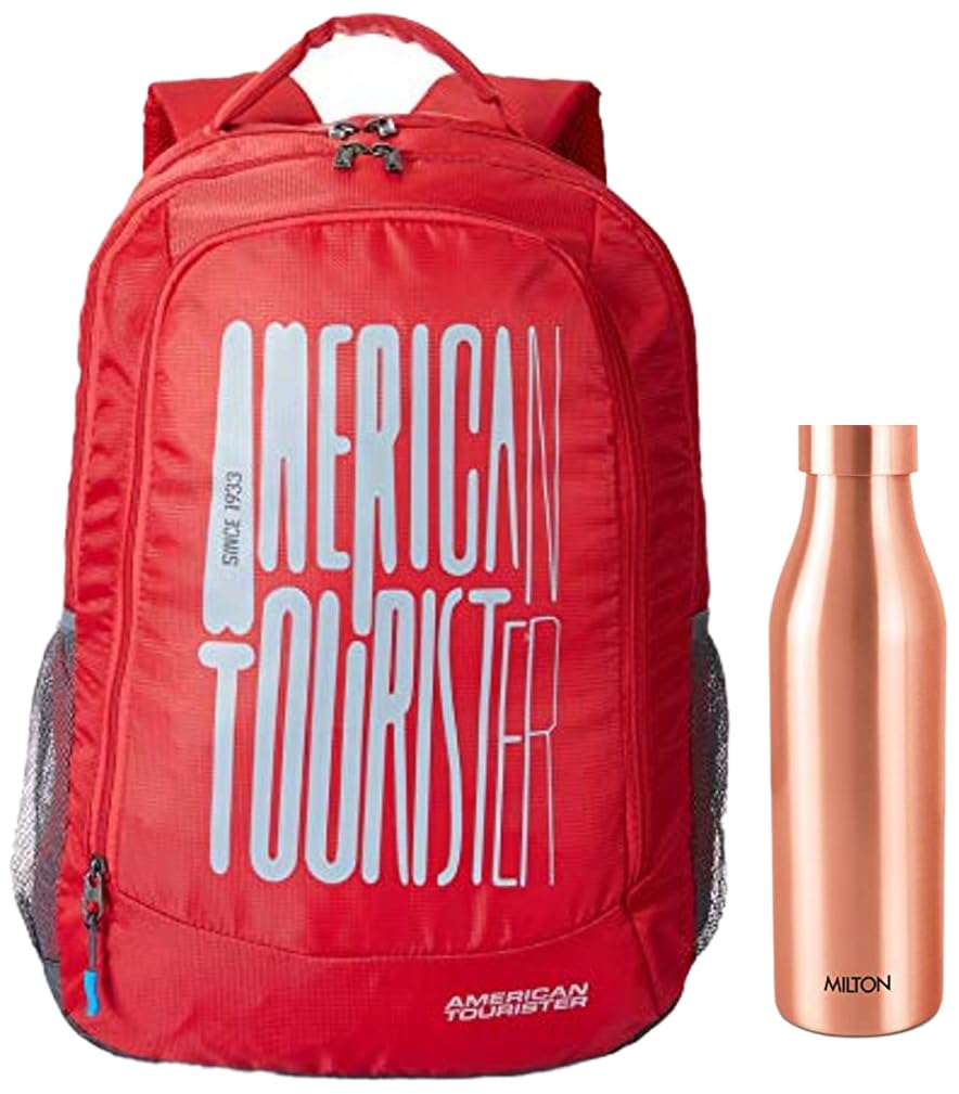 American Tourister 49.5 cms Red 3 Compartments 32 liters Casual Backpack (AMT FIZZ SCH BAG 03 – RED) with Milton Water Bottle,