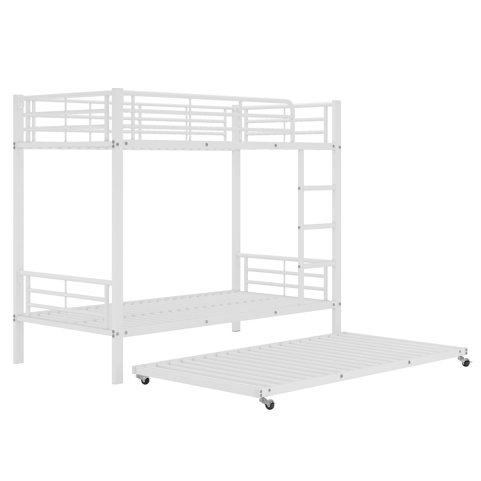 Moimhear Cama de hierro con litera, dimensiones 90x200 cm y 90x190 cm, adecuada para niños y adolescentes, con cama extraíble, cuatro rejillas laterales en la cama superior, blanco