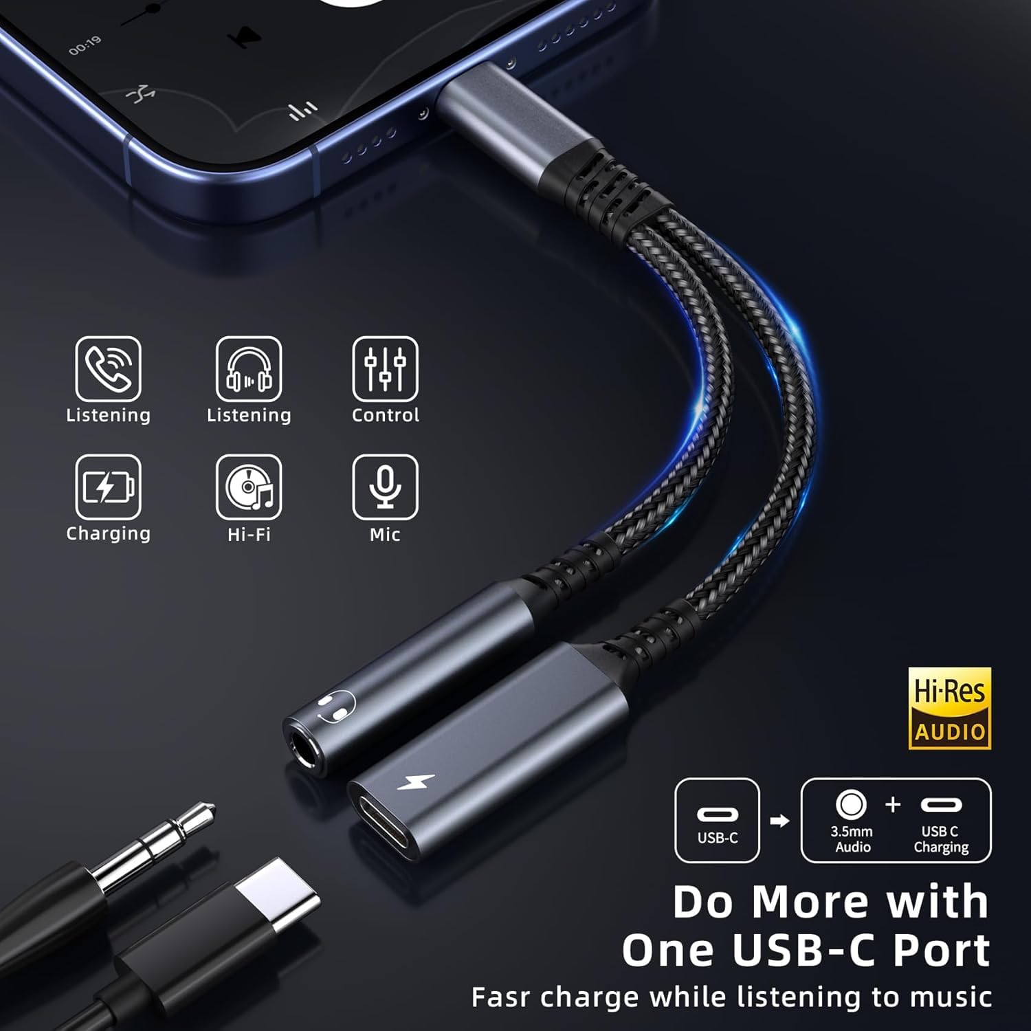 iNassen Adapter i ładowanie do słuchawek USB C 2 w 1 - USB C na gniazdo - obsługuje 60 W D kompatybilny z iPhone, iPad, Samsung, Pixel, telefon, słuchawki, słuchawki