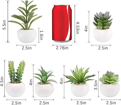 GREENTIME 6 Pcs Artificial Succulents in Ceramic Pots Small Fake Plants | Mini Faux Succulents Zero Maintenance for Indoor Bathroom Office Desk Bedroom Living Room Table Shelf Kitchen