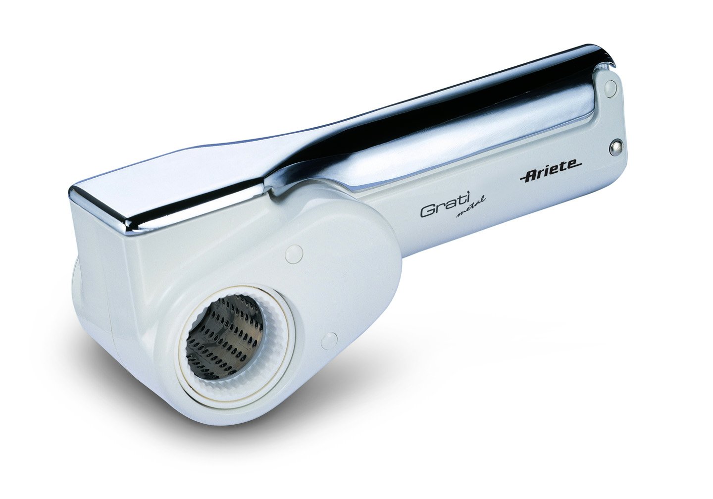 Ariete Gratì Metal 44, Rallador de queso eléctrico inalámbrico, 2 rodillos de acero inoxidable incluidos, 1 kg de queso con recambio, Rallador para muchos ingredientes, 1500 mAh, Blanco