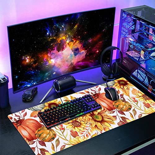 Image of Fall Pumpkin Sunflowers Mouse Pad XXL Watercolor Retro Autumn Leaves Floral Extended Desk Mat Non-Slip Rubber Base Stitched Edge Large Thanksgiving Mousepad for Gaming Laptop Computer 35.4x15.7 Inch