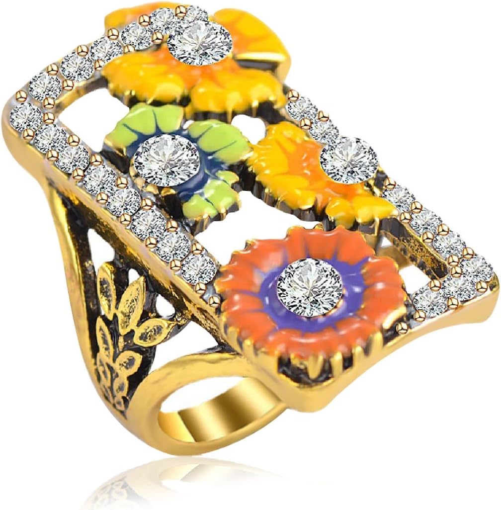 Big Enamel Flower Leaf Full Finger Ring,14K Gold Plated Cocktail Party Statement Ring for Women Big Enamel Flower Leaf Full Finger Ring,14K Gold Plated Cocktail Party Statement Ring for Women