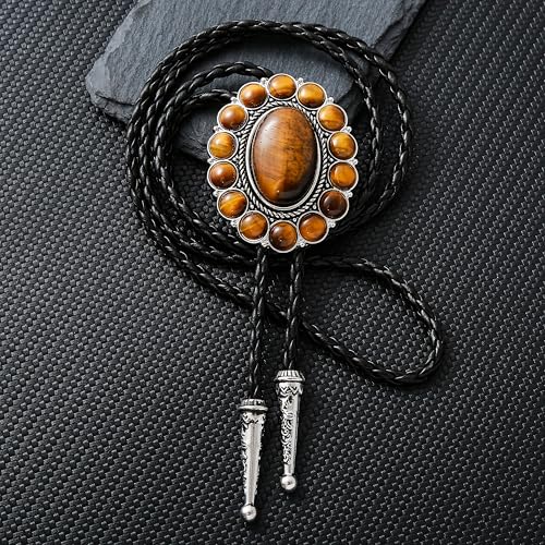 Image of GelConnie Bolo Tie for Men Women Western Cowboy Turquoise Leather Necktie | Natural Stone Bolo Tie Necklace for Women Rodeo Cowboy Leather Necktie Native American Western Cowgirl Ties Adjustable Cord
