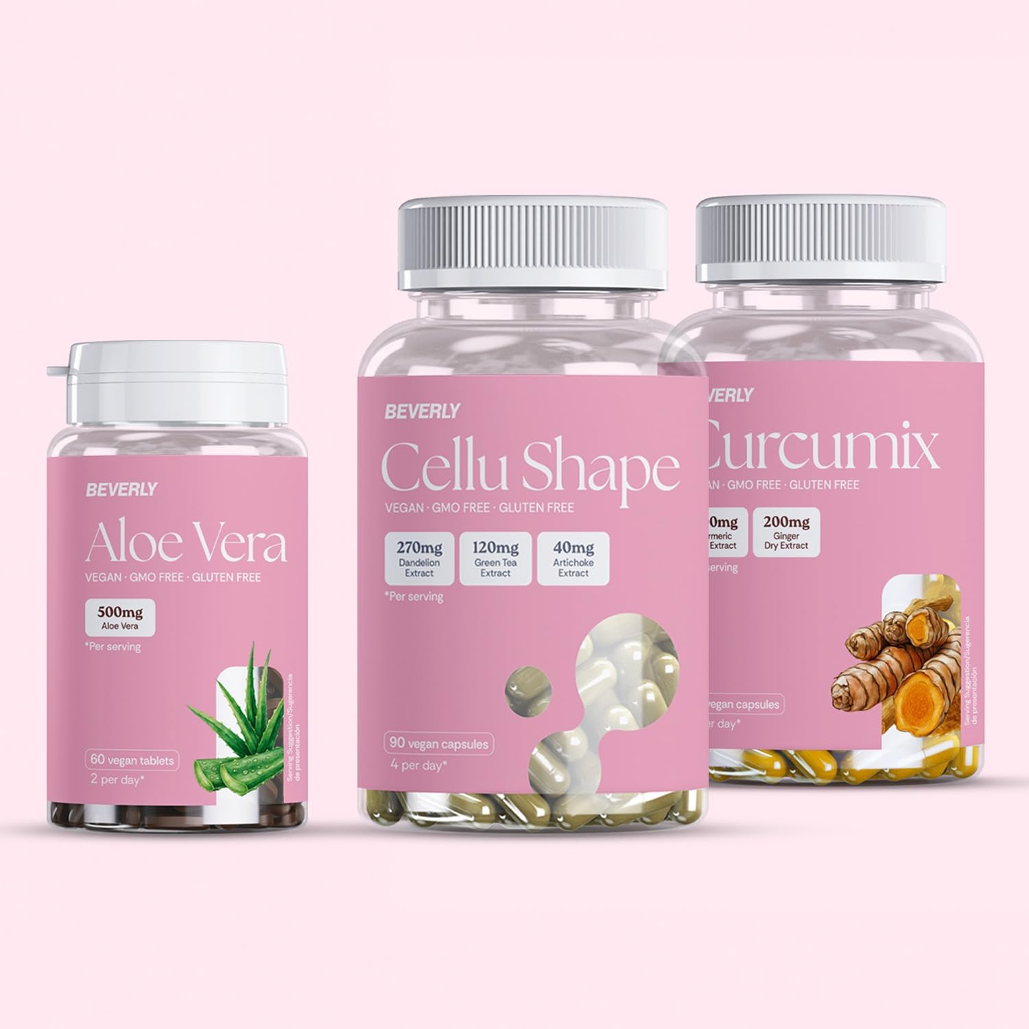 Beverly PACK SLIM Cellu Shape + Curcumix + Aloe Vera | Pack Reductor Integral | Celulitis, Inflamación y Tránsito | 30 servicios