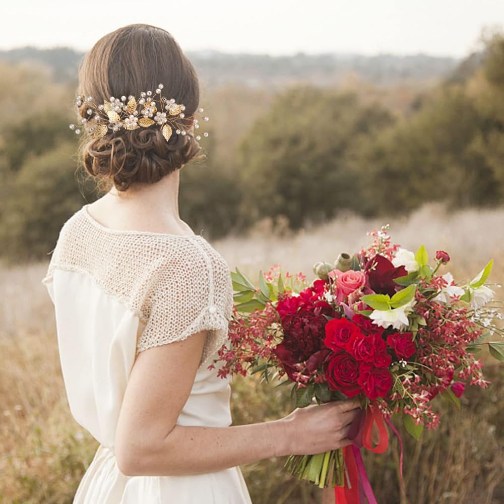 7 Pezzi Forcine Capelli Sposa Foglie Accessori Sposa Capelli Gioielli con Cristalli e Perle Accessori Nuziali a Forma Di U per Damigelle e Donne (Oro)