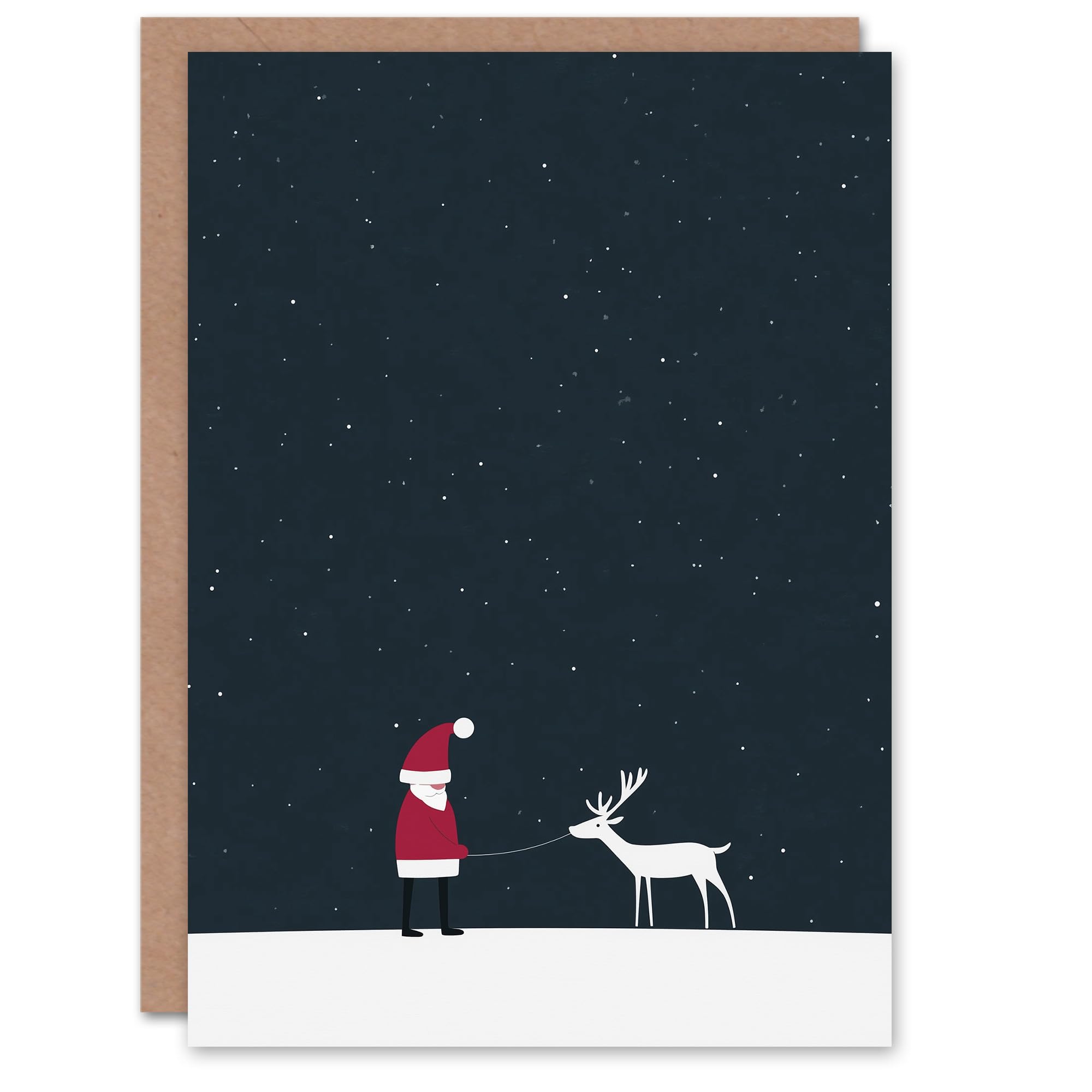 Wee Blue Coo Greeting Card Santa Claus With White Reindeer in Snow Modern Blank For Him Or Her Art Xmas Christmas Card